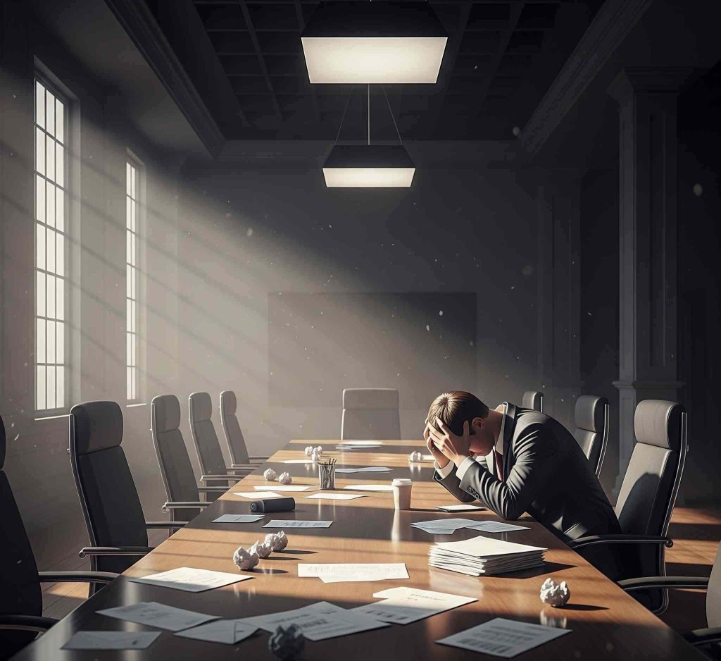 Man in suit sitting at a conference table with head in hands, surrounded by papers in a dimly lit room
