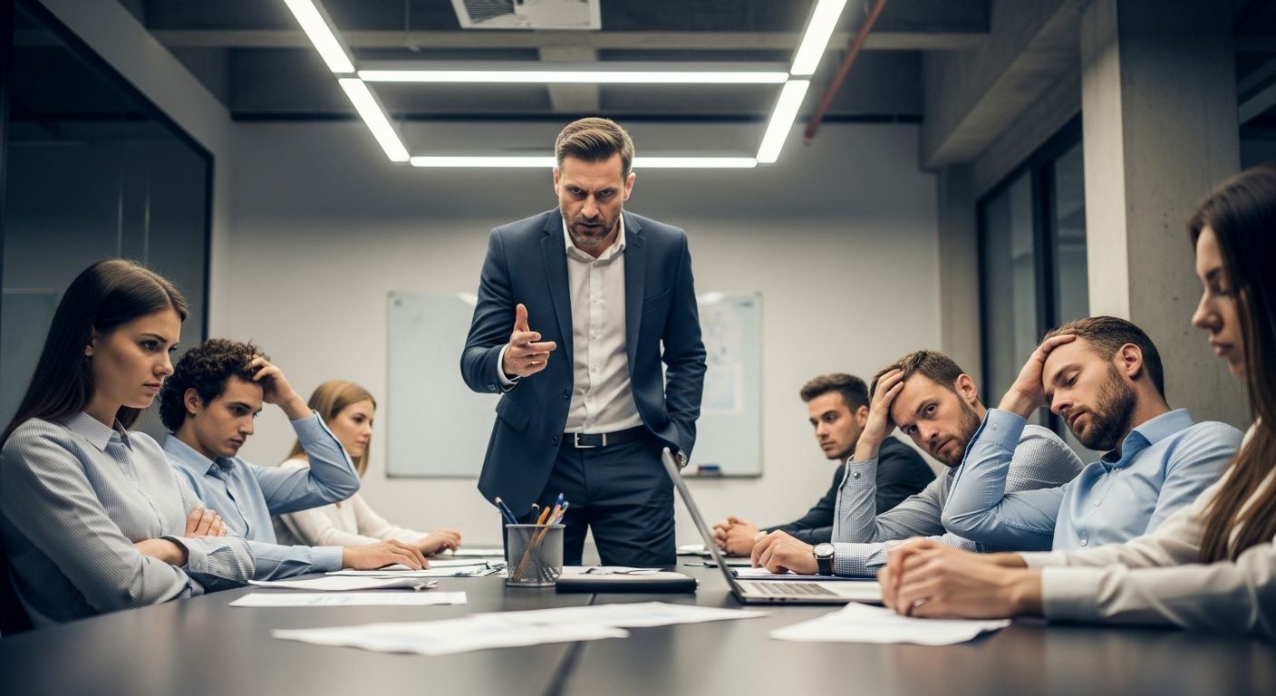 Angry boss scolding stressed team in a meeting.