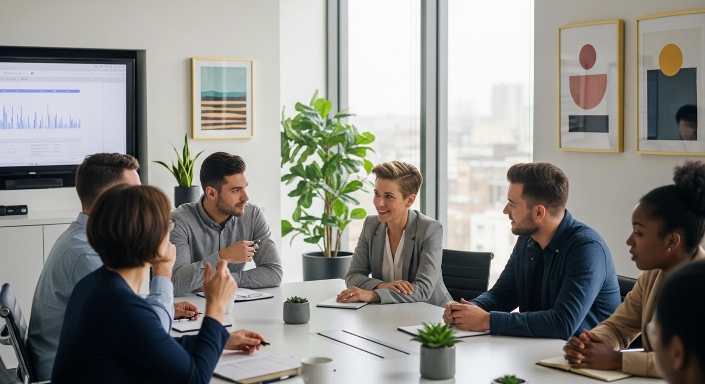 Business team having a meeting in a modern office with charts on the screen.