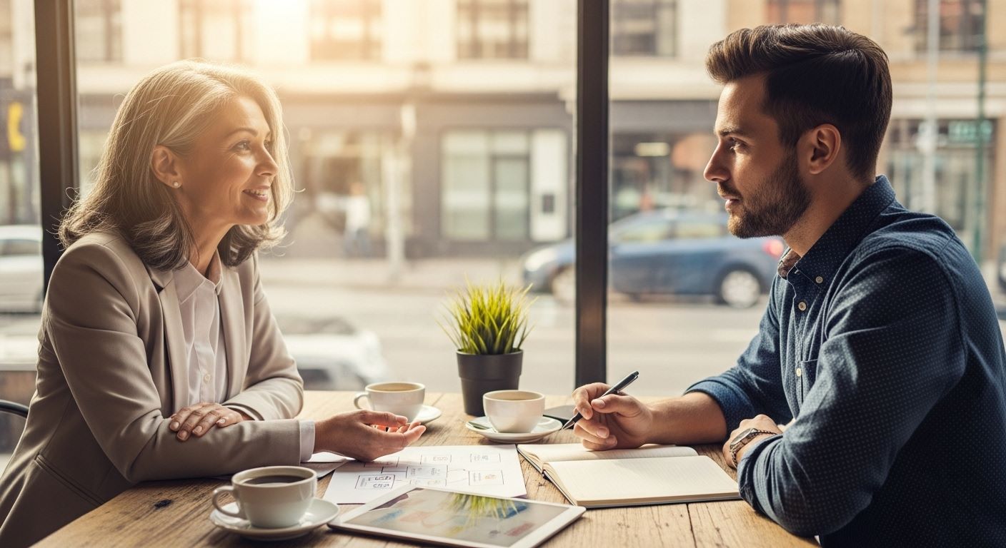 Mentor and mentee talking over coffee at a caf&eacute;.