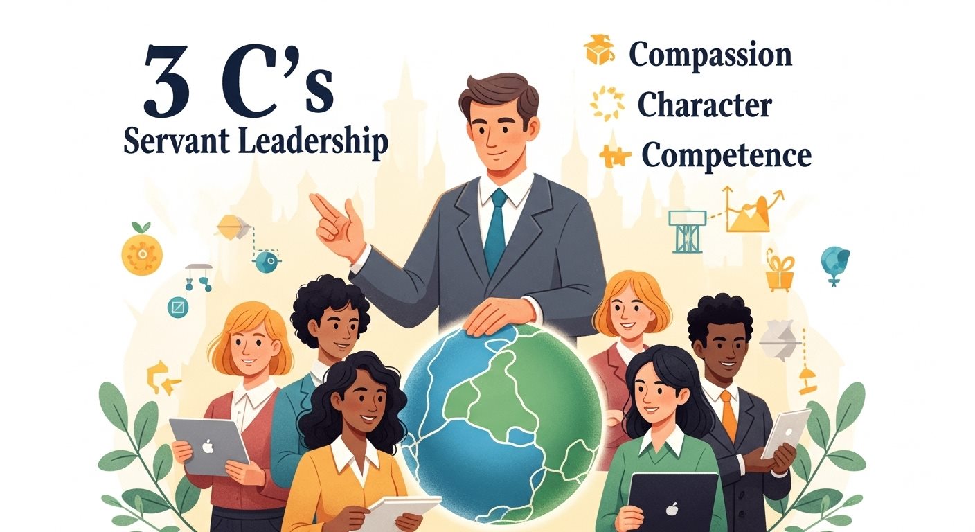 3 C&rsquo;s of servant leadership with diverse team illustration.