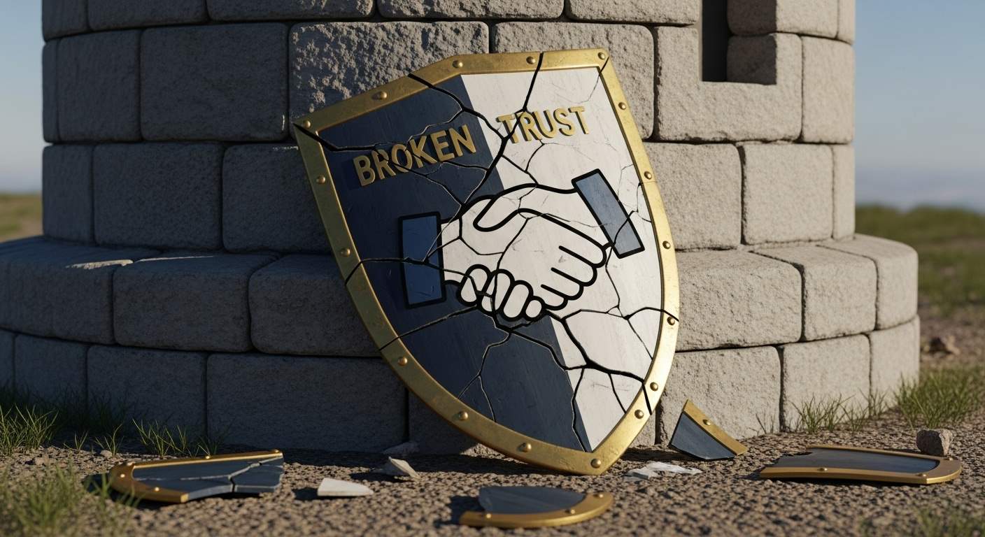 Cracked shield labeled &lsquo;Broken Trust&rsquo; with a broken handshake.
