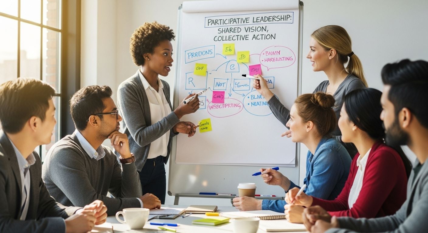 Team collaborating at a whiteboard during a participative leadership workshop.