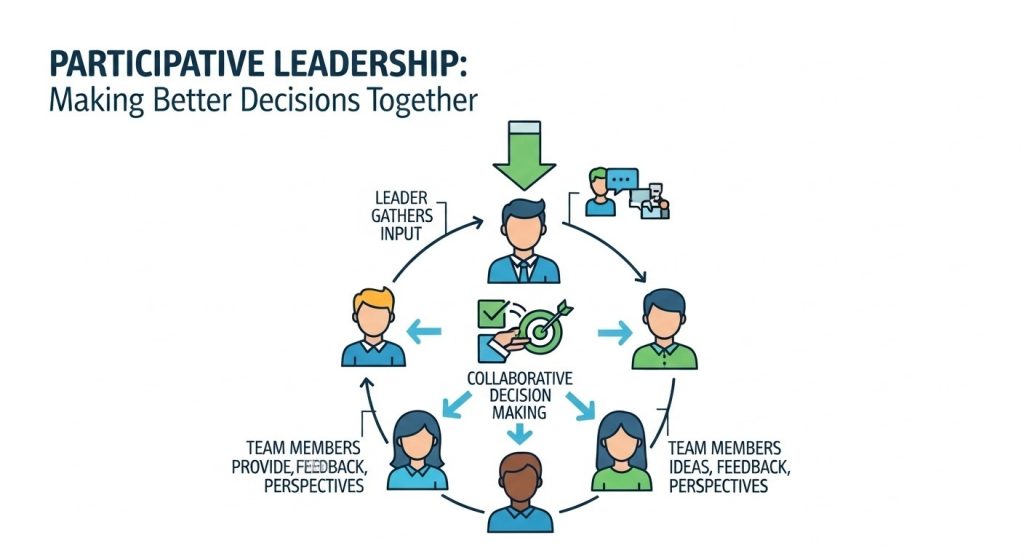Participative leadership diagram showing collaborative team decision-making.