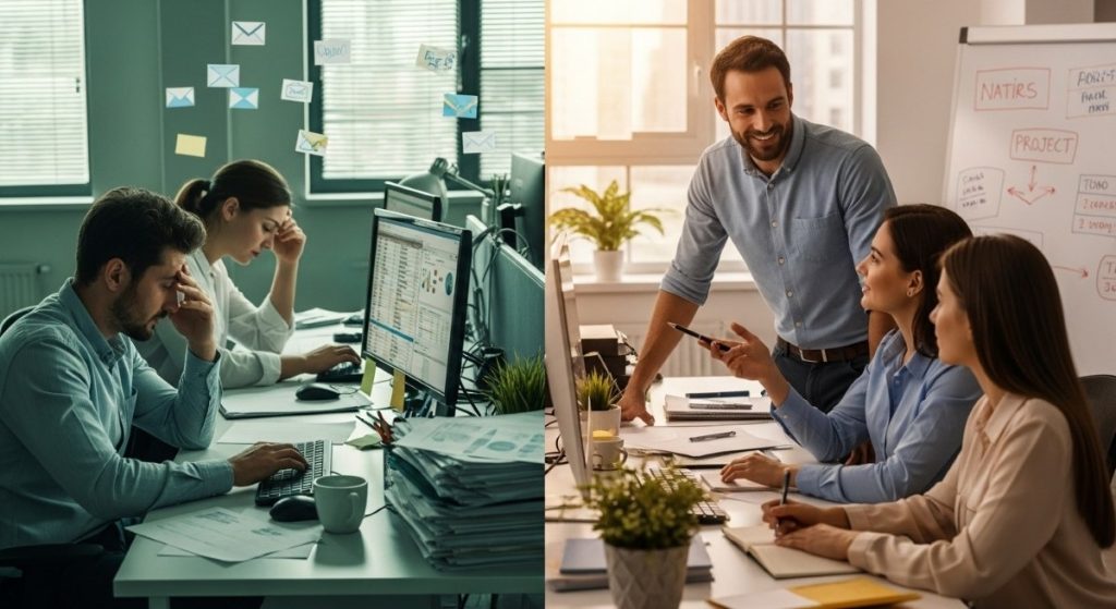 Stressed office workers contrasted with a collaborative team meeting